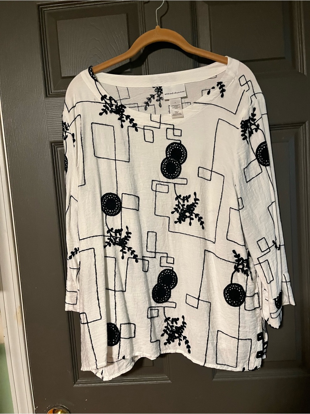 Alfred Dunner White Tunic with Black Geometric & Floral Embroidery
